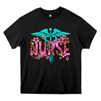 Black floral nurse Heavy Core Tee - AdoDesignShop