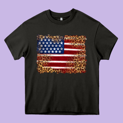 American Flag And Leopard Heavy Core Tee Designed By Artiststas