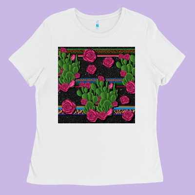 Mexican Rose And Cactus Seamless Pattern Ladies Tee Designed By Bundleandbundleshop