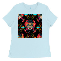 Baby Blue sugar skull seamless pattern Ladies Tee - BundleAndBundleShop