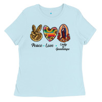 Baby Blue Peace Love Lady Of Guadalupe Ladies Tee - RanaPortraitStore