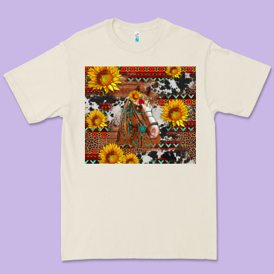 Western Horse With Sunflowers And Aztec Leopard Cowhide Premium Tee Designed By Artiststas