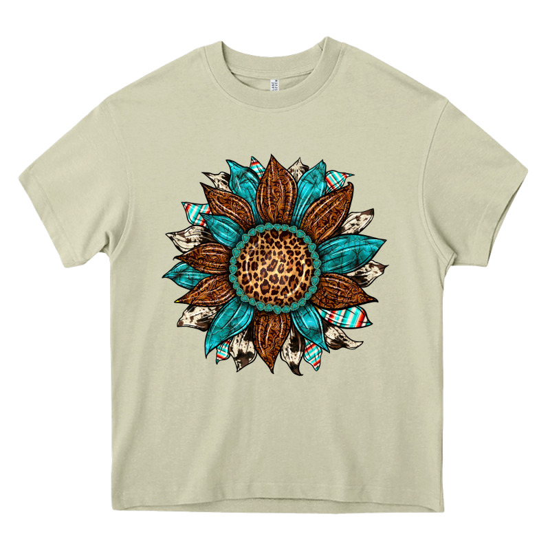 Gemstone Cowhide Leopard Turquoise Sunflower Heavy Core Tee by Artiststas | Teevron