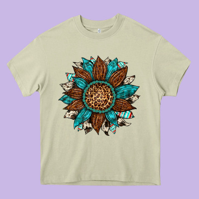 Gemstone Cowhide Leopard Turquoise Sunflower Heavy Core Tee Designed By Artiststas