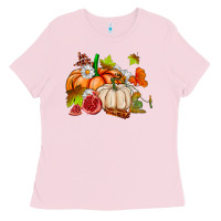 Bubblegum Pink pumpkins daisies and fall leaf's ado Ladies Tee - AdoDesignShop