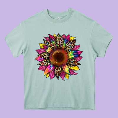 Tie Dye Leopard Sunflower Heavy Core Tee Designed By Artiststas