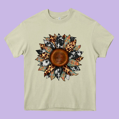 Cowhide Leopard Aztec Sunflower Heavy Core Tee Designed By Artiststas