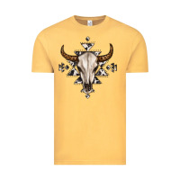 Vintage Mustard bull skull with aztec Vintage Tee - MaliasSmallBusiness