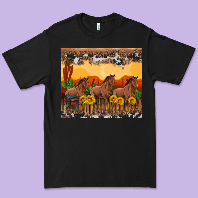 Western Horses And  Sunset With Sunflowers Premium Tee Designed By Artiststas