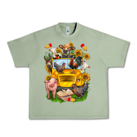 Oil Green farm animals with school bus Urban Heavy Tee - NancyCooperArtShop