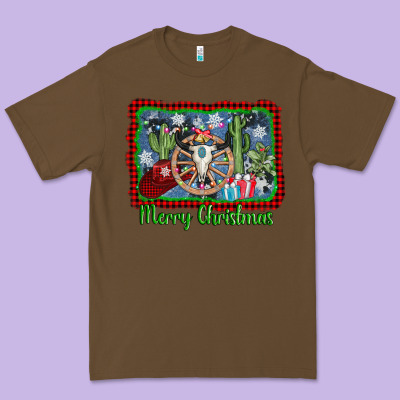 Merry Christmas Western Bull Skull Premium Tee Designed By Adodesignshop