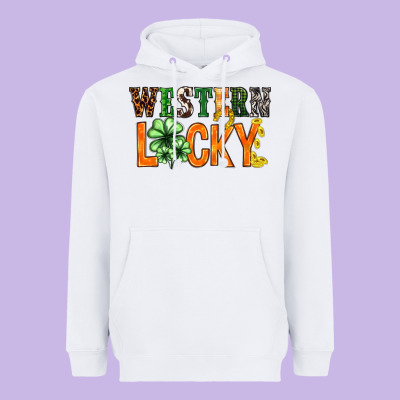 Western Lucky With Clover St. Patricks Day Heavyweight Hoodie Designed By Howdyjamesfarm