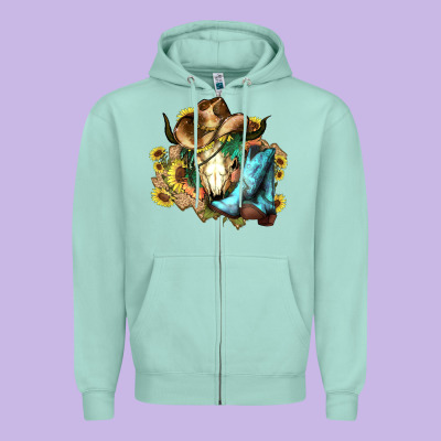 Cow Skull Cowboy Boots Hats Sunflowers Zipper Hoodie Designed By Howdyjamesfarm