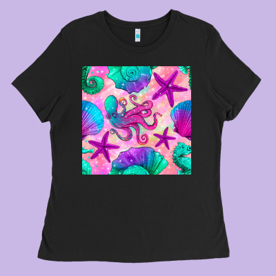 Summer Beach Seamless Pattern Ladies Tee Designed By Bundleandbundleshop