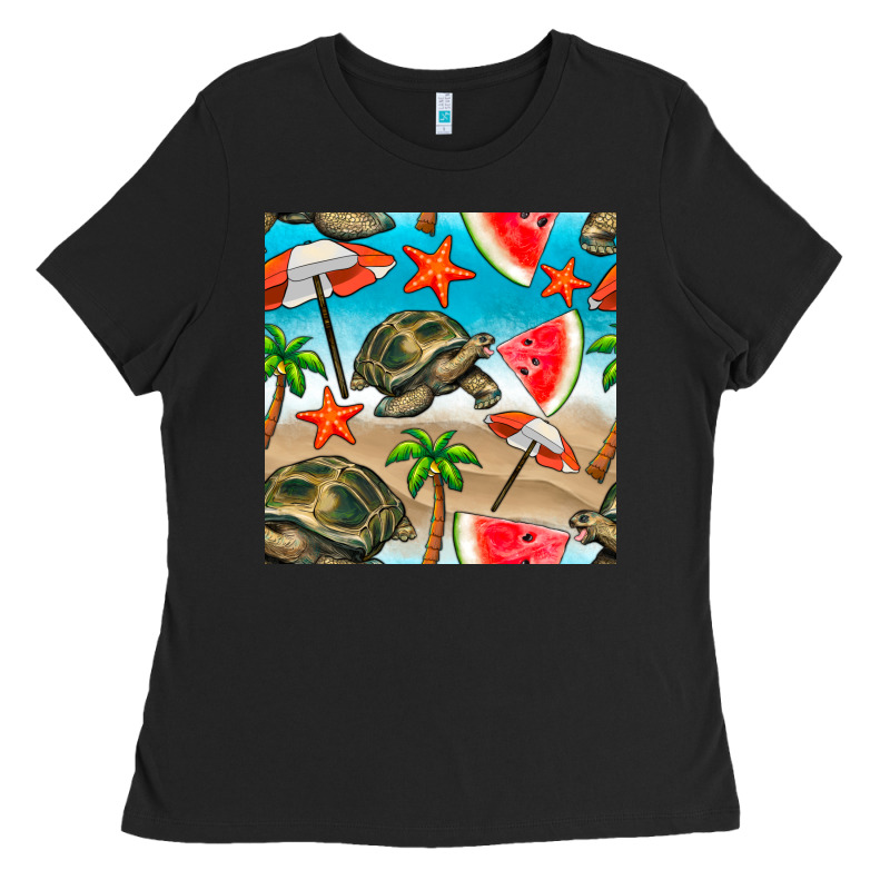 Tortoise Watermelon Beach Seamless Pattern Ladies Tee by BundleAndBundleShop | Teevron