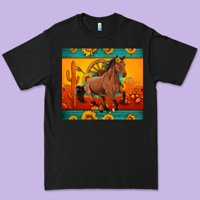 Western Sunset Galloping Horse Sunflower Premium Tee Designed By Artiststas