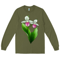 Army Green Pink And White Lady's Slipper Flower Long Sleeve Tee - LillyAllenDesigns