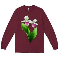 Burgundy Pink And White Lady's Slipper Flower Long Sleeve Tee - LillyAllenDesigns