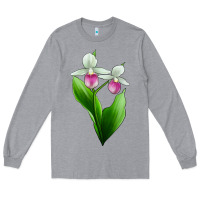 Heather Grey Pink And White Lady's Slipper Flower Long Sleeve Tee - LillyAllenDesigns