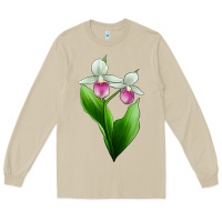 Mushroom Pink And White Lady's Slipper Flower Long Sleeve Tee - LillyAllenDesigns