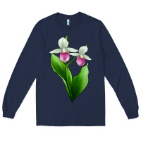 Navy Pink And White Lady's Slipper Flower Long Sleeve Tee - LillyAllenDesigns
