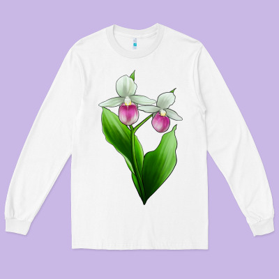 Pink And White Lady's Slipper Flower Long Sleeve Tee Designed By Lillyallendesigns