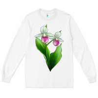 White Pink And White Lady's Slipper Flower Long Sleeve Tee - LillyAllenDesigns