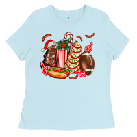 Baby Blue Christmas tree cake American football  ball and hot dogs ado Ladies Tee - AdoDesignShop