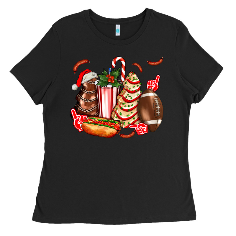 Christmas Tree Cake American Football  Ball And Hot Dogs Ado Ladies Tee by AdoDesignShop | Teevron
