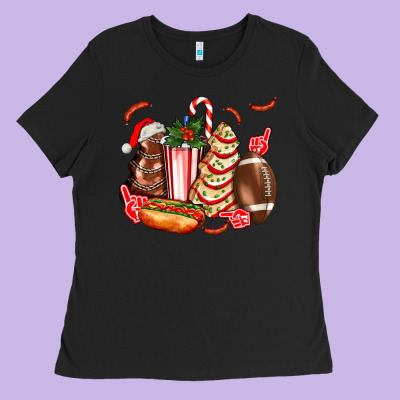 Christmas Tree Cake American Football  Ball And Hot Dogs Ado Ladies Tee Designed By Adodesignshop