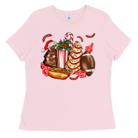 Bubblegum Pink Christmas tree cake American football  ball and hot dogs ado Ladies Tee - AdoDesignShop