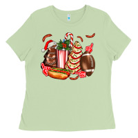 Matcha Christmas tree cake American football  ball and hot dogs ado Ladies Tee - AdoDesignShop