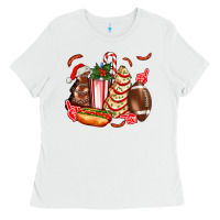 White Christmas tree cake American football  ball and hot dogs ado Ladies Tee - AdoDesignShop