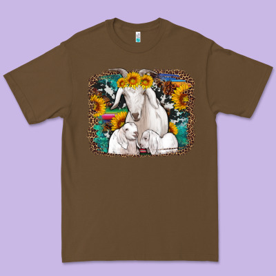 Goat Family With Sunflowers Western Serape Turquoise Background Premium Tee Designed By Artiststas