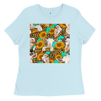 Baby Blue sunflowers and goat western seamless pattern Ladies Tee - BundleAndBundleShop
