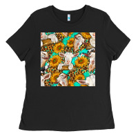 Black sunflowers and goat western seamless pattern Ladies Tee - BundleAndBundleShop