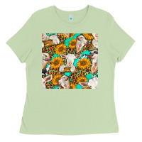 Matcha sunflowers and goat western seamless pattern Ladies Tee - BundleAndBundleShop