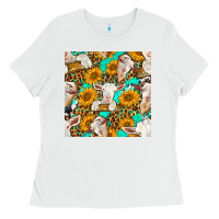 White sunflowers and goat western seamless pattern Ladies Tee - BundleAndBundleShop