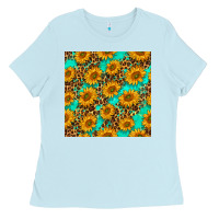 Baby Blue sunflowers and leopard western seamless pattern Ladies Tee - BundleAndBundleShop