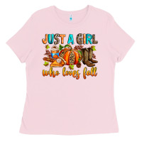 Bubblegum Pink Just a girl who loves Fall Ladies Tee - RanaPortraitStore
