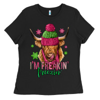 Black i'm freakin freezin pink christmas long haired cow Ladies Tee - Jasminsmagicworld