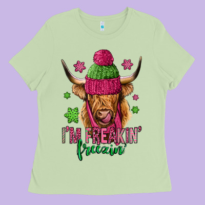I'm Freakin Freezin Pink Christmas Long Haired Cow Ladies Tee Designed By Jasminsmagicworld