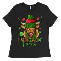 Black i'm freakin freezin christmas long haired cow Ladies Tee - Jasminsmagicworld