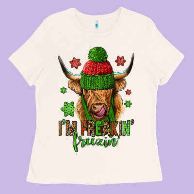 I'm Freakin Freezin Christmas Long Haired Cow Ladies Tee Designed By Jasminsmagicworld