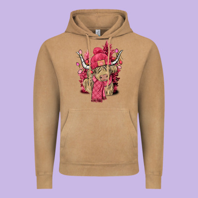 Pink Winter Long Haired Cow Vintage Hoodie Designed By Nancycooperartshop