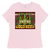Bubblegum Pink cold beer with beer bottles Ladies Tee - AdoDesignShop