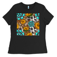 Black western gemstone and sunflower seamless pattern Ladies Tee - BundleAndBundleShop