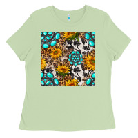 Matcha western gemstone and sunflower seamless pattern Ladies Tee - BundleAndBundleShop