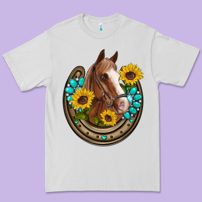 Western Horseshoe Horse Sunflowers Gemstone Premium Tee Designed By Artiststas