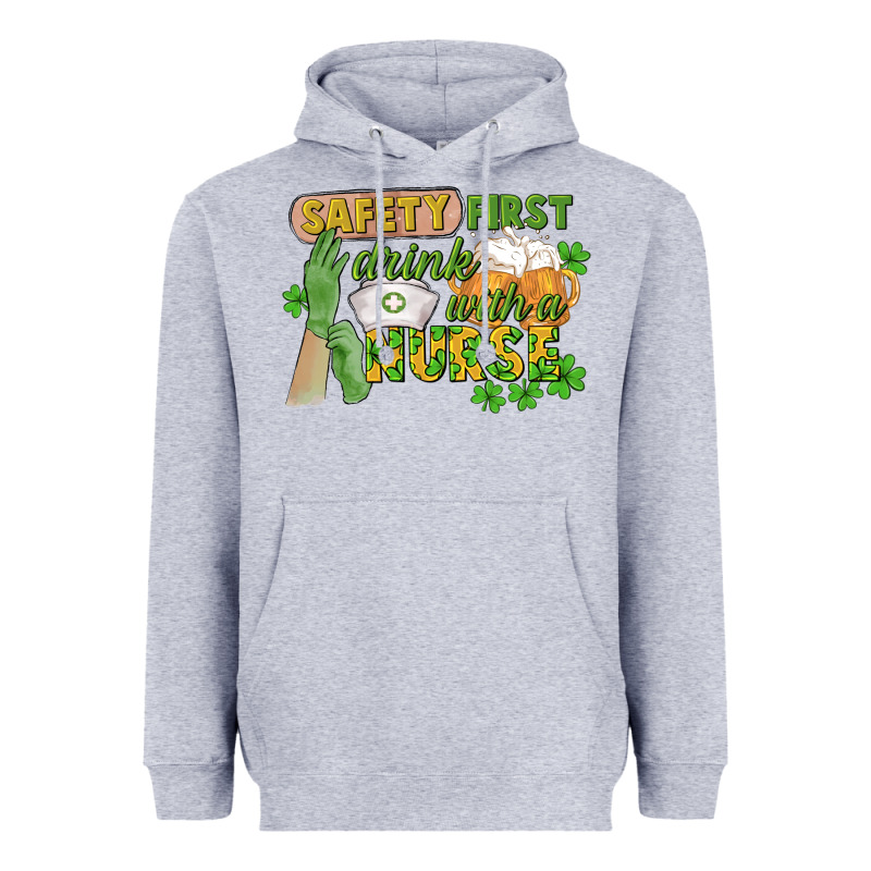 Safety First Drink With A Nurse St. Patrick's Day Heavyweight Hoodie by CowGirlArtShop | Teevron